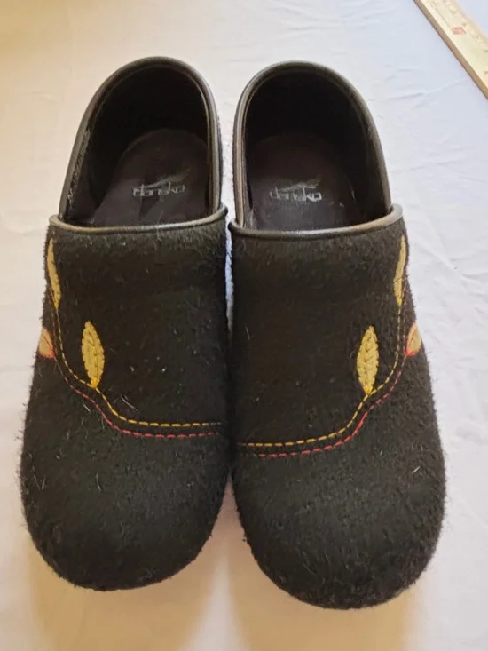 Dansko Black Wool Clogs with Yellow and Red Leaf Stitching - Picture 1 of 8